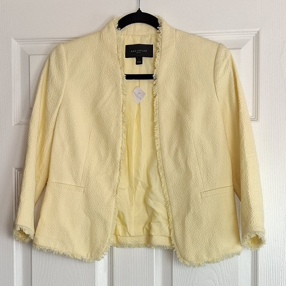 Ann Taylor Butter Yellow Textured Open Front Fringe Trim Blazer